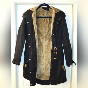 Women's Black Parka Coat with Faux Fur Lining w/Hood - Size M